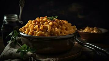 Macaroni Cheese above a bowl with a blurred background, AI Generative photo