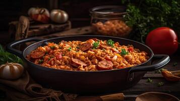 fried rice on ceramic bowl full of prawns and sausages with blurred background, photo