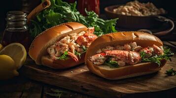 Lobster Rolls full of chunks of lobster meat and vegetables on a wooden plate, AI Generative photo