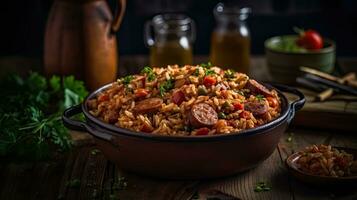 Fried Rice on bowl full of prawns and sausages with blurred background, AI Generative photo