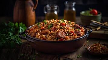 Fried Rice on bowl full of prawns and sausages with blurred background, photo