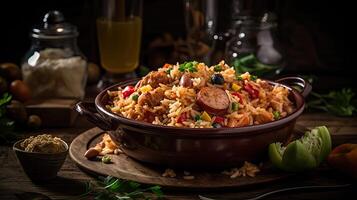 fried rice on ceramic bowl full of prawns and sausages with blurred background, photo