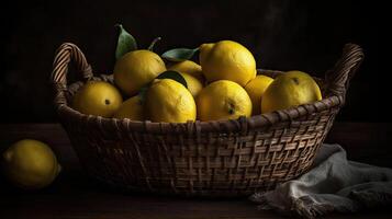 Fresh Lemon in a bamboo basket with blurred background, photo