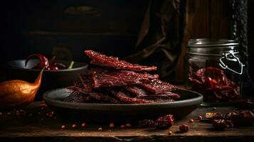 Close up spicy beef jerky with blurred background, AI Generative photo