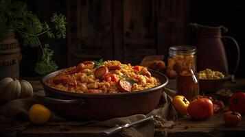 fried rice on ceramic bowl full of prawns and sausages with blurred background, photo