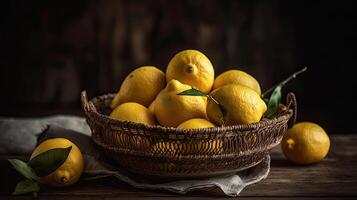 Closeup Fresh Lemon in a bamboo basket with blurred background, photo