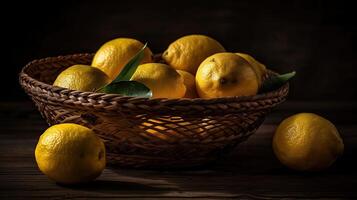 Closeup Fresh Lemon in a bamboo basket with blurred background, photo