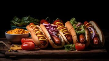 close up hotdog with full ingredients and mayonnaise on wood plate and blurred background, AI Generative photo