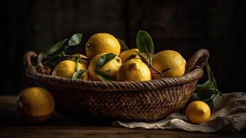 Closeup Fresh Lemon in a bamboo basket with blurred background, photo