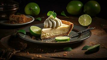 close up sweet lime pie with sliced lime fruit blur background, AI Generative photo