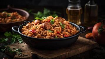 Fried Rice on bowl full of prawns and sausages with blurred background, photo