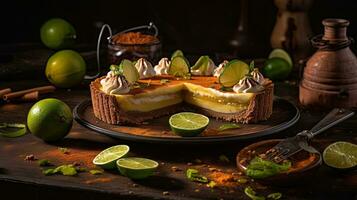 Lime Pie with sliced lime fruit blur background, AI Generative photo