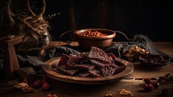 Beef Jerky on a plate with blurred background, AI Generative photo