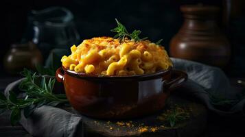 Macaroni Cheese above a bowl with a blurred background, AI Generative photo