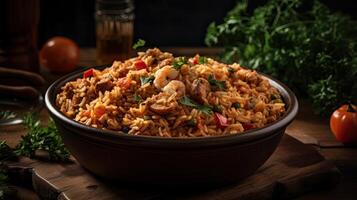 fried rice on ceramic bowl full of prawns and sausages with blurred background, photo