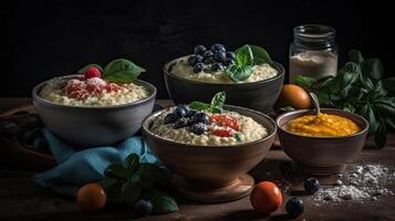 Close up grifts food with fruit toppings in ceramic bowl with blurred background, photo