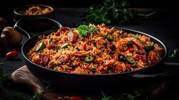 fried rice on ceramic bowl full of prawns and sausages with blurred background, photo