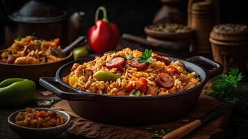 frito arroz en cerámico cuenco lleno de langostinos y salchichas con borroso fondo, ai generativo foto