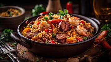 Fried Rice on ceramic bowl full of prawns and sausages with blurred background, photo