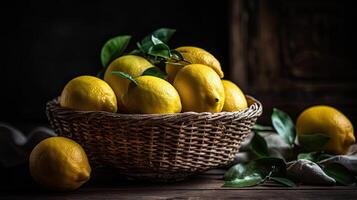 Fresh Lemon in a bamboo basket with blurred background, photo