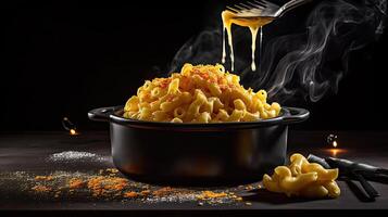 Macaroni Cheese above a bowl with a blurred background, AI Generative photo