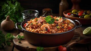 fried rice on ceramic bowl full of prawns and sausages with blurred background, photo