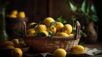 Closeup Fresh Lemon in a bamboo basket with blurred background, photo