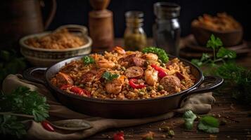 fried rice on ceramic bowl full of prawns and sausages with blurred background, photo