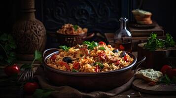 fried rice on ceramic bowl full of prawns and sausages with blurred background, photo