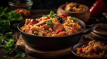 fried rice on ceramic bowl full of prawns and sausages with blurred background, photo
