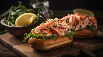 Lobster Rolls full of chunks of lobster meat and vegetables on a wooden plate, AI Generative photo