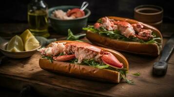 Lobster Rolls full of chunks of lobster meat and vegetables on a wooden plate, AI Generative photo