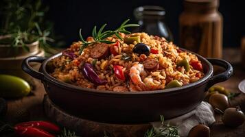 fried rice on ceramic bowl full of prawns and sausages with blurred background, photo