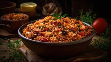 Fried Rice on bowl full of prawns and sausages with blurred background, AI Generative photo