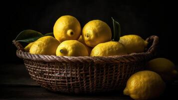 Closeup Fresh Lemon in a bamboo basket with blurred background, photo