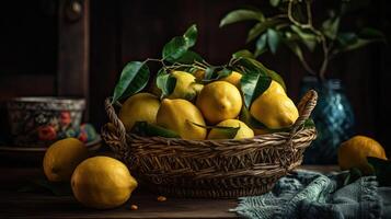 Fresh Lemon in a bamboo basket with blurred background, photo