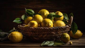 Closeup Fresh Lemon in a bamboo basket with blurred background, photo