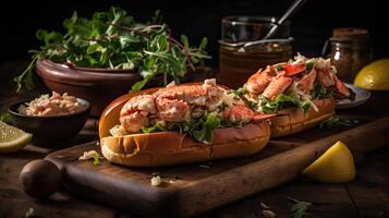 Closeup Lobster Rolls full of chunks of lobster meat and vegetables on a wooden plate, AI Generative photo