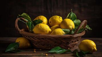 Close-up fresh lemon in a bamboo basket with blurred background, photo