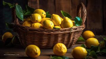 Closeup Fresh Lemon in a bamboo basket with blurred background, AI Generative photo