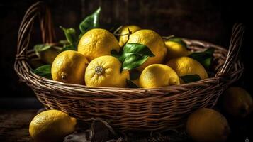Close-up fresh lemon in a bamboo basket with blurred background, photo