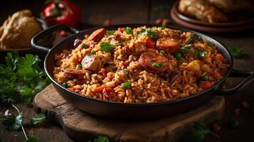fried rice on ceramic bowl full of prawns and sausages with blurred background, photo