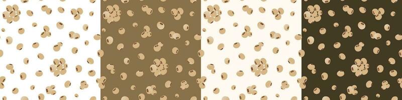 Four Seamless Soy Pattern on colored backgrounds. Repeatable Soya pattern. Groups of soy beans background patterns. Editable Vector Illustration.