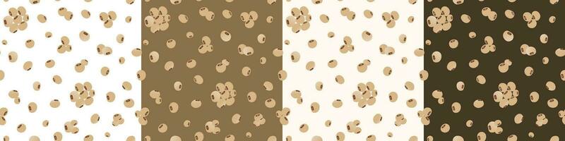 Four Seamless Soy Pattern on colored backgrounds. Repeatable Soya pattern. Groups of soy beans background patterns. Editable Vector Illustration.