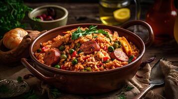 fried rice on ceramic bowl full of prawns and sausages with blurred background, photo