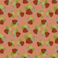 Seamless hazelnut pattern background. Illustrated hazelnuts on brown background. Repeatable Hazel pattern backdrop.  Editable Vector Illustration. EPS 10.