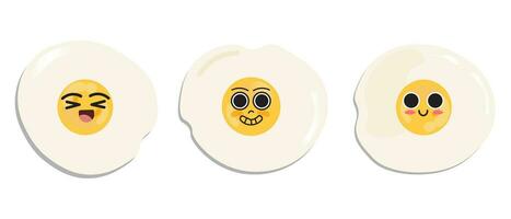 Set of Smiling Sunny side up eggs. Cartoon fried eggs isolated on white background with shadow. Editable Vector Illustration. EPS 10.