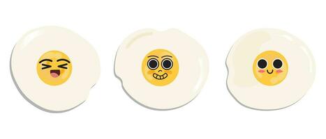 Set of Smiling Sunny side up eggs. Cartoon fried eggs isolated on white background with shadow. Editable Vector Illustration. EPS 10.