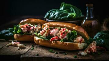 Lobster Rolls full of chunks of lobster meat and vegetables, AI Generative photo
