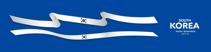 3d Rendered South Korean Flag Ribbons with shadows, isolated on blue background. Curled and rendered in perspective. Graphic Resource Flag of South Korea. Vector Illustration. EPS 10.